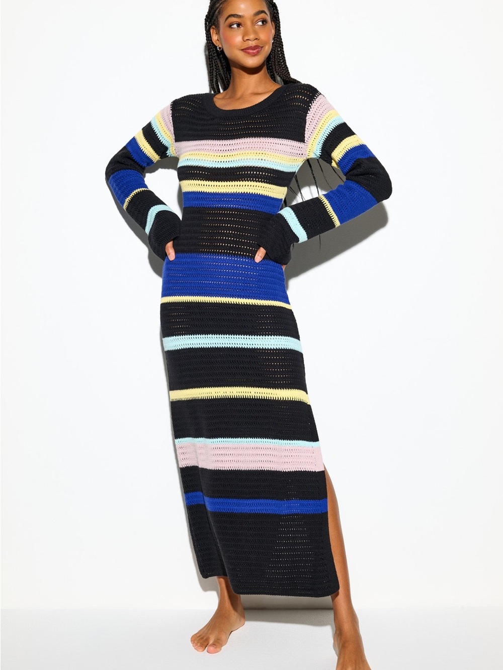 Spiritual Gangster Striped Crochet Long Sleeve Knit Maxi Dress in Multicolor